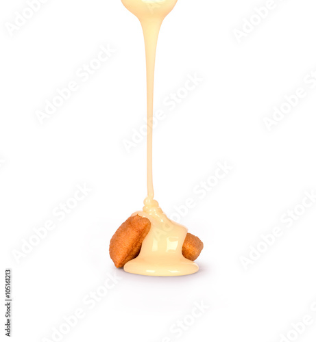 Breakfast cereal isolated on a white background Pouring condense
