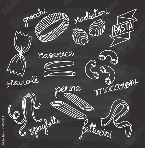 Set of hand drawn various pasta doodle on chalkboard background