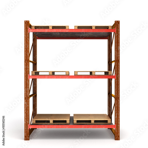 old rusty shelving for pallets with empty pans isolated on white photo