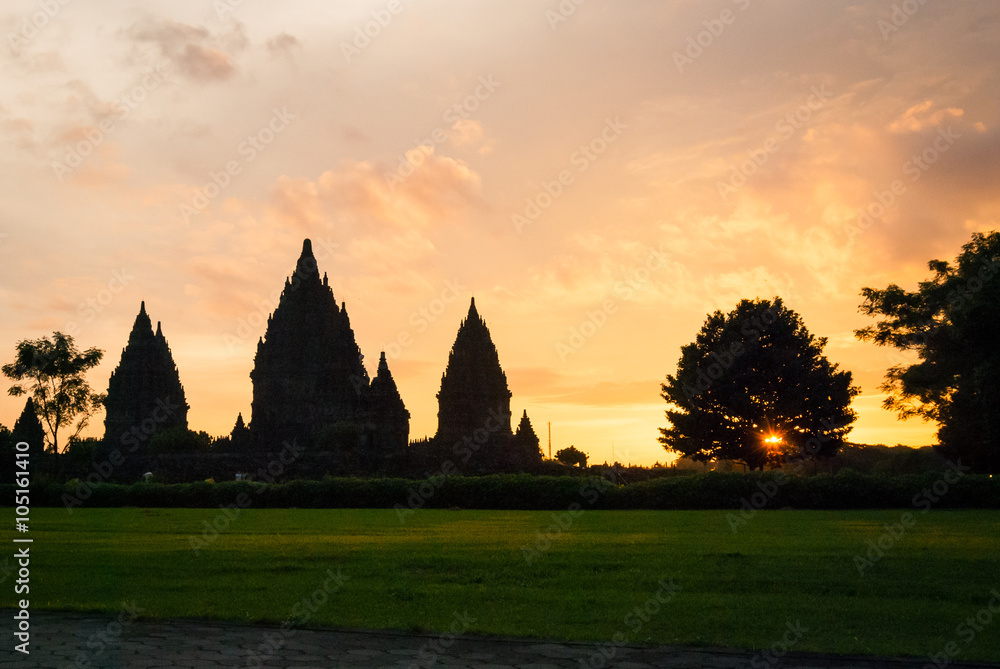 The Prambanan Hindu temple in Central Java, Indonesia at sunset.