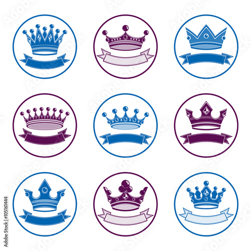 Stylized royal 3d vector design elements, set of king crowns.