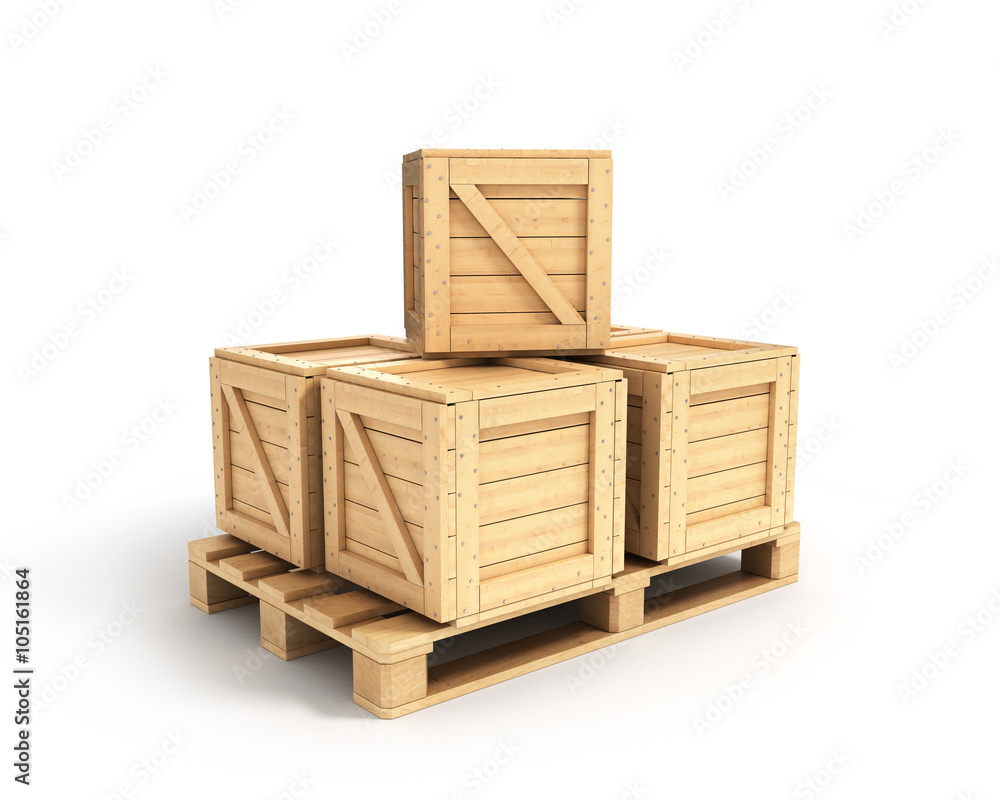 wooden boxes lying on a pallet isolated on white wooden boxes lying on a pallet isolated on white
