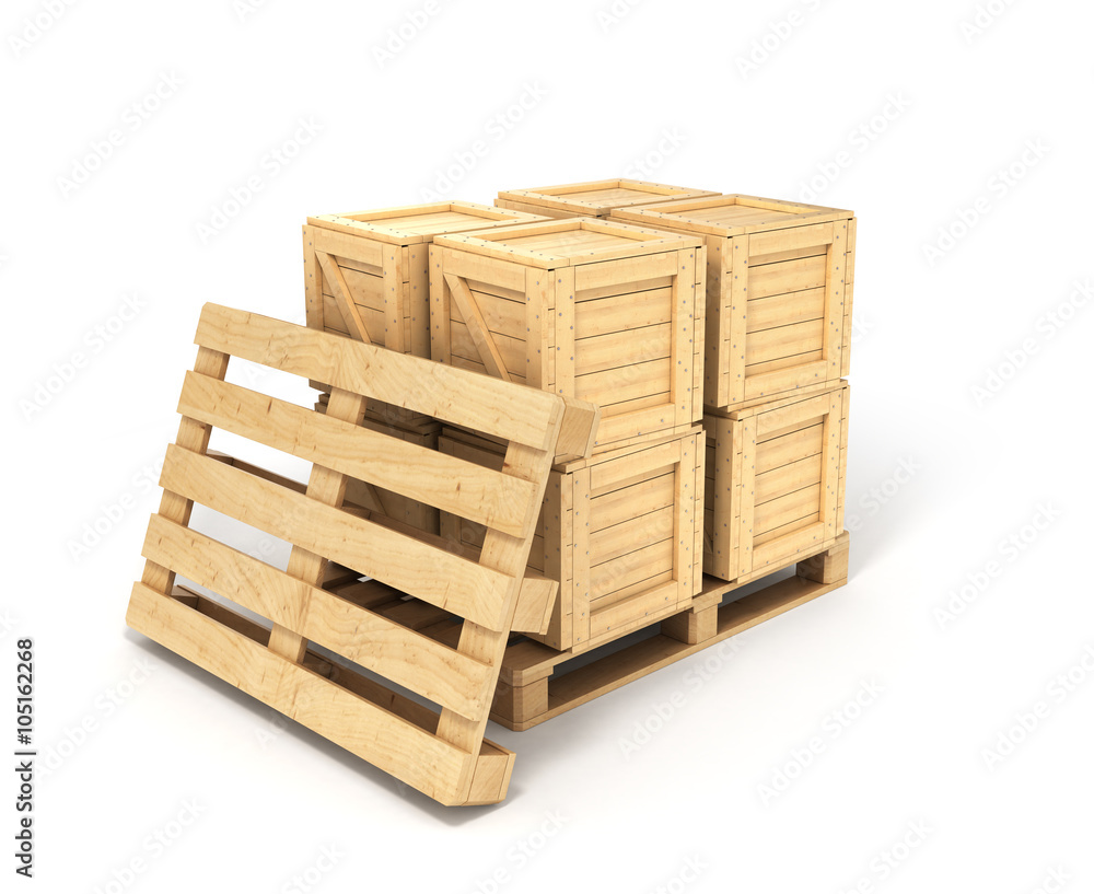 wooden boxes on a pallet isolated on white background