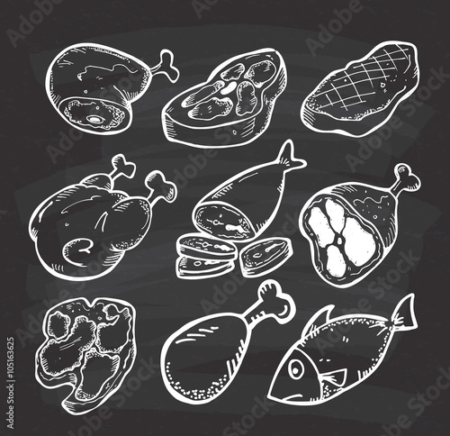set of meat doodle on chalkboard background