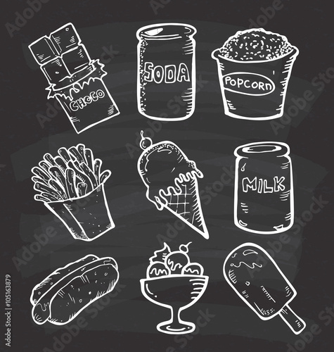 Set of snack doodle on chalkboard background