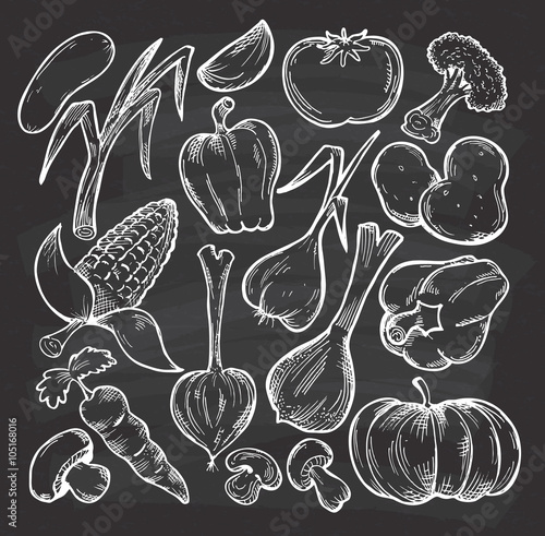 set of sketchy vegetables on chalkboard background