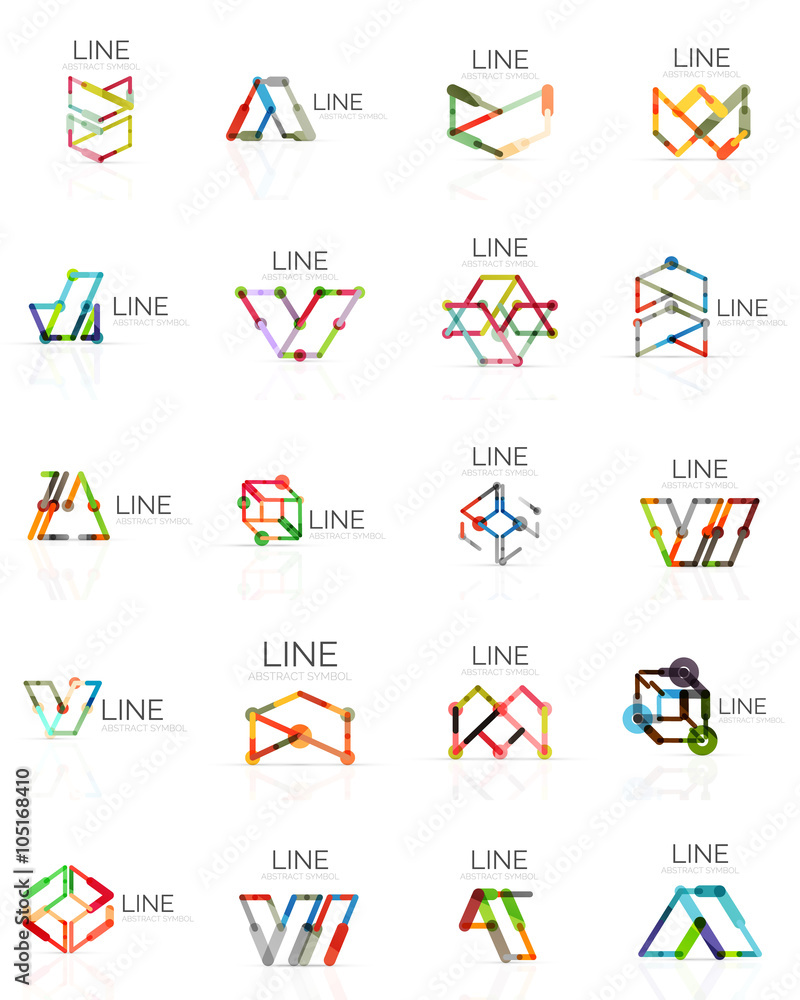 Set of linear abstract logos, connected multicolored segments lines in geometrical figures Set of linear abstract logos, connected multicolored segments lines in geometrical figures