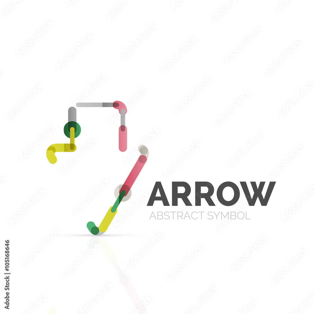 Linear arrow abstract logo, connected multicolored segments of lines in directional pointer figure Linear arrow abstract logo, connected multicolored segments of lines in directional pointer figure