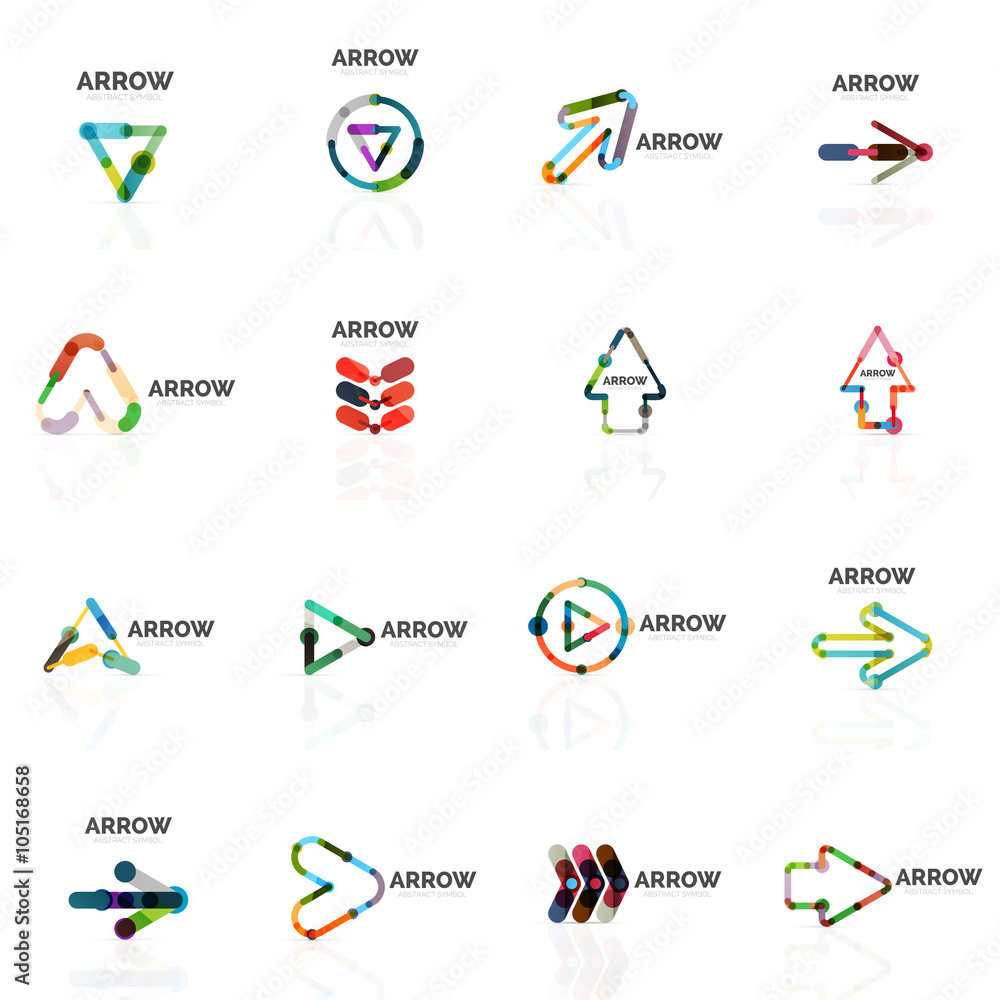 Set of linear arrow abstract logos, connected multicolored segments lines in directional pointer figures Set of linear arrow abstract logos, connected multicolored segments lines in directional pointer figures