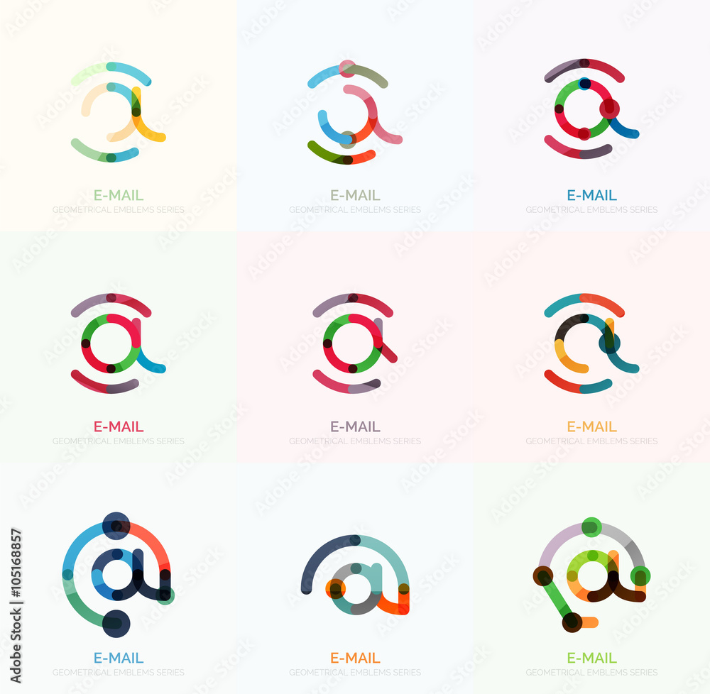 Vector email business symbols or at signs logo set. Linear minimalistic flat icon design collection