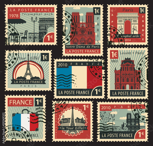 set of stamps on the theme of France and with the image of the architectural sights of Paris