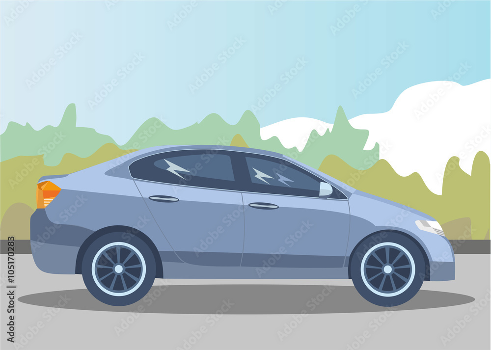 Car on a nice nature background. Vector illustration.
