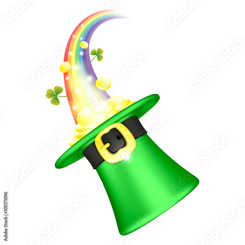 Green hat leprechaun full of gold coins and clover at the end of the rainbow, vector illustration for St Patrick's Day