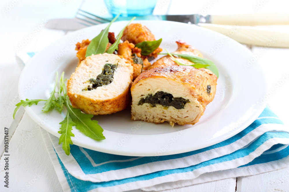 Spinach filling roasted chicken breast