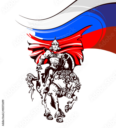 Russian warrior in armor on a horse on the background of the flag of Russia