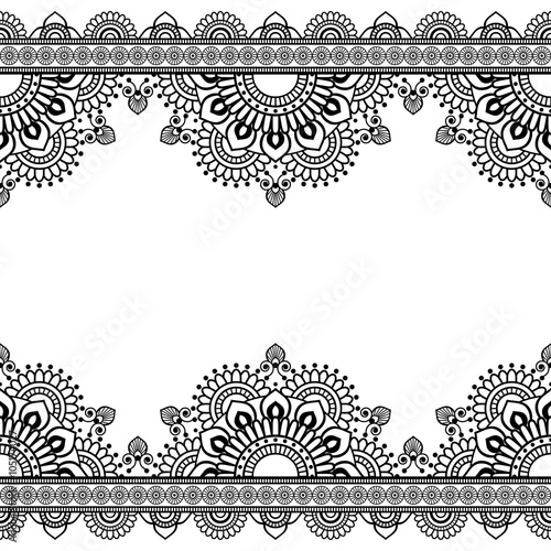 Seamless Pattern Indian mehndi border elements with flowers for card and tattoo on white background.