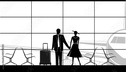 Icon of waiting area sign with row of empty chairs man and women