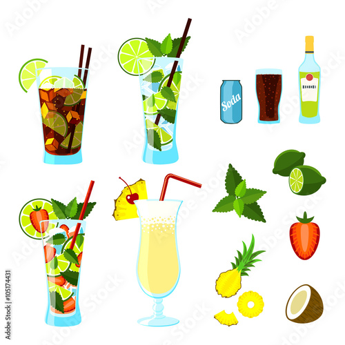 Cocktails and ingredients set.