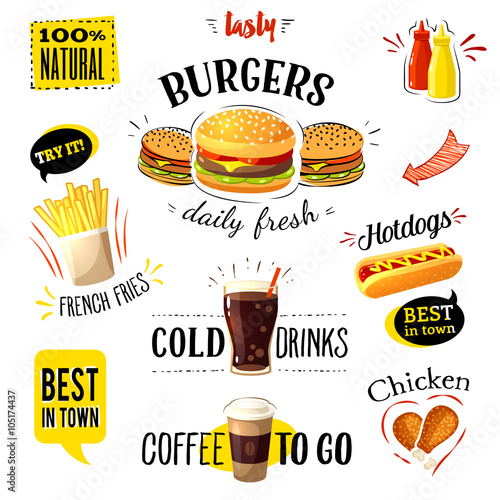 Set of colorful cartoon fast food labels, isolated on white. Vector illustration, eps10.