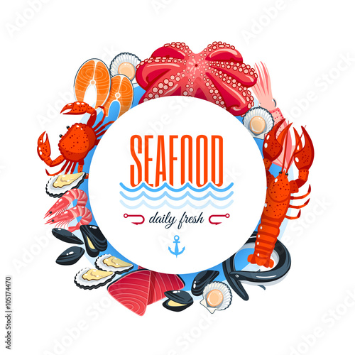 Sea food label with tuna, salmon, clams, crab, lobster and so. Vector illustration, isolated on white, eps 10.