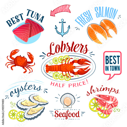 Set of colorful cartoon seafood labels: tuna, salmon, lobster, oysters and shrimps, isolated on white. Vector illustration, eps10.