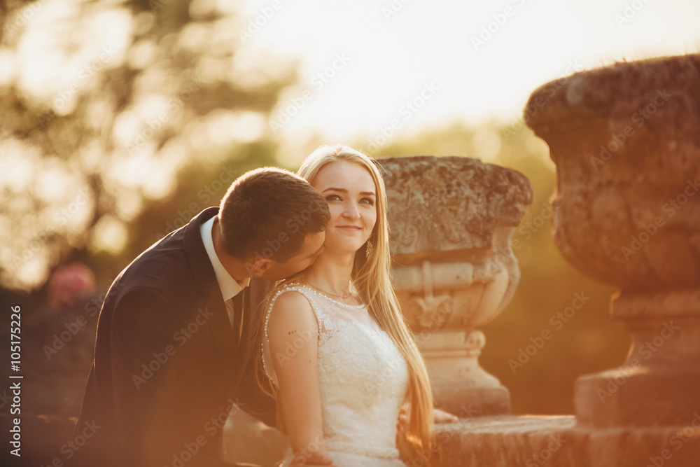 Beautiful romantic wedding couple of newlyweds hugging near old castle on sunset Beautiful romantic wedding couple of newlyweds hugging near old castle on sunset