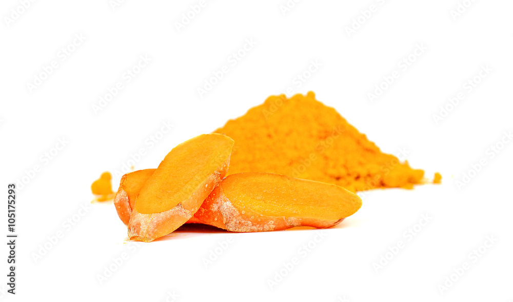 Turmeric powder on white background. Turmeric powder on white background.
