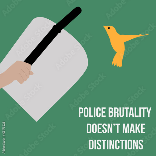 Police hand with shield and baton threats little bird. Vector minimal concept for international day against police brutality photo