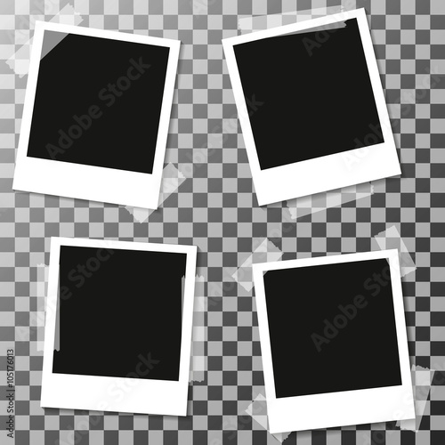 four Retro blank photography with a black place for your image in a photo album page. photo frame with shadow Sticked on tape on a transparent background for your object. Vector illustration