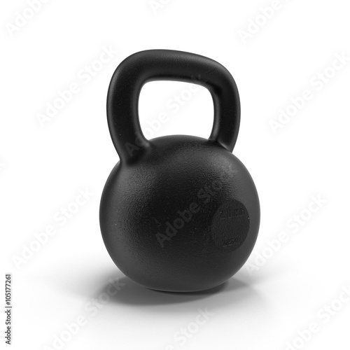 Cast iron kettlebell isolated on white with natural reflection.