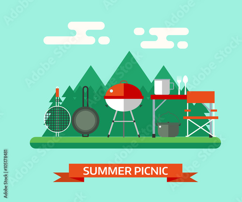 Family Picnic or Barbecue Concept Vector Landscape