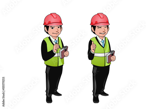 Construction worker, engineer or architect holding projects book . cartoon character - vector illustration