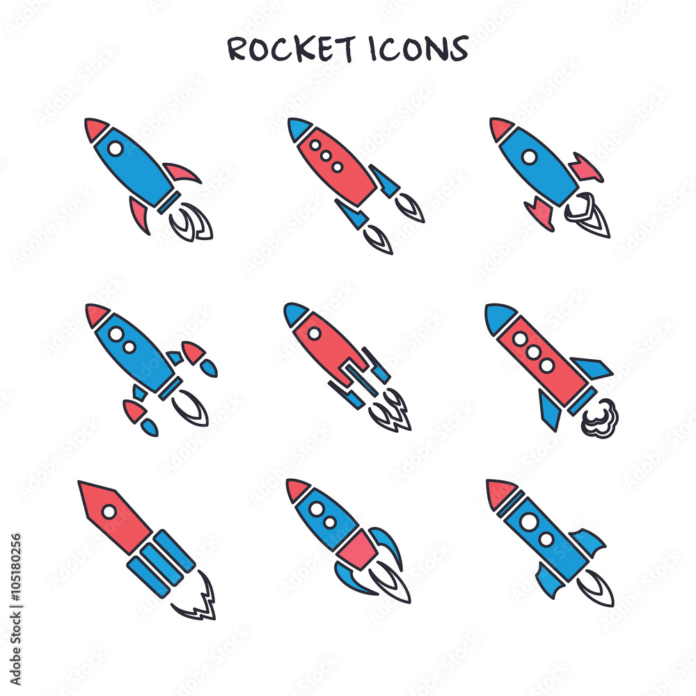 Set of nine rocket or spaceship icons isolated Set of nine rocket or spaceship icons isolated