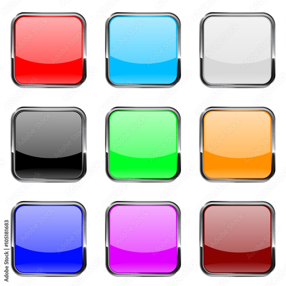 Square buttons. Shiny colored buttons with metal chrome frame. Square buttons. Shiny colored buttons with metal chrome frame.