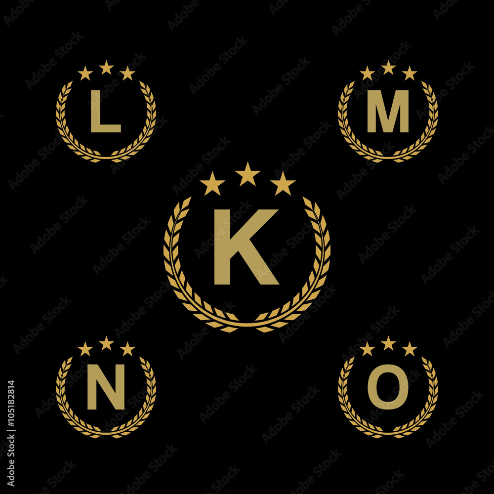Golden star Laurel wreath. Laurel wreath logo icon with capital alphabet letters. Design template elements - Letter K, L, M, N, O Golden star Laurel wreath. Laurel wreath logo icon with capital alphabet letters. Design template elements - Letter K, L, M, N, O