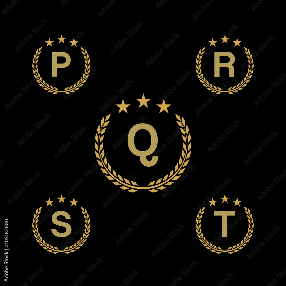 Golden star Laurel wreath. Laurel wreath logo icon with capital alphabet letters. Design template elements - Letter P, Q, R, S, T Golden star Laurel wreath. Laurel wreath logo icon with capital alphabet letters. Design template elements - Letter P, Q, R, S, T