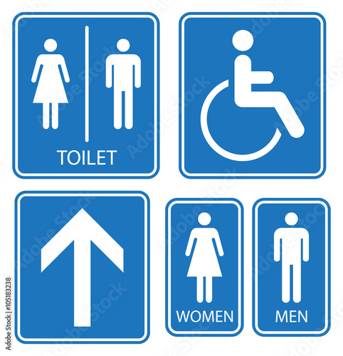 Toilet sign set, blue and white, vector illustration.