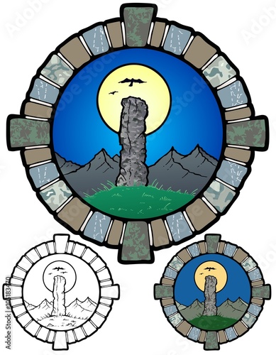 Menhir in a magical landscape with a full moon and ravens