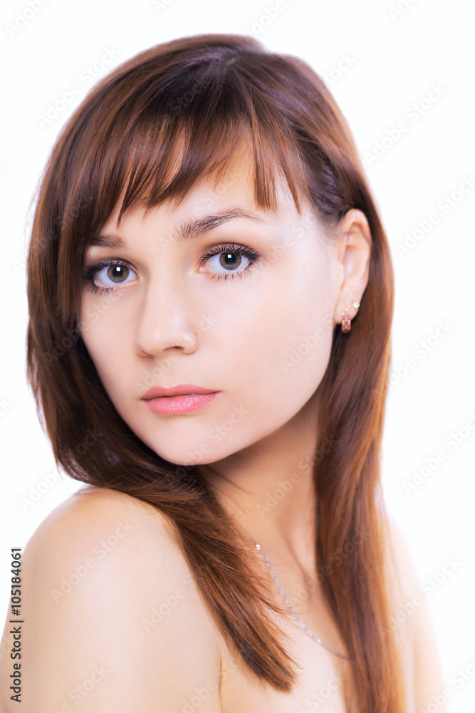 Perfect brunette woman skin care face body on white Perfect brunette woman skin care face body on white