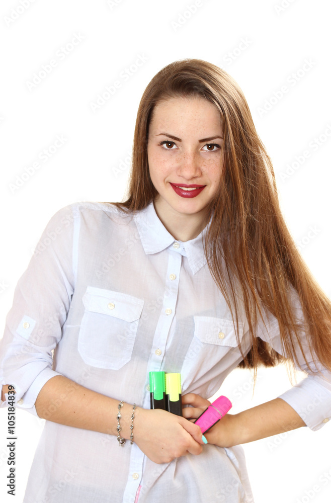 portrait of a girl with red marker in hand. portrait of a girl with red marker in hand.