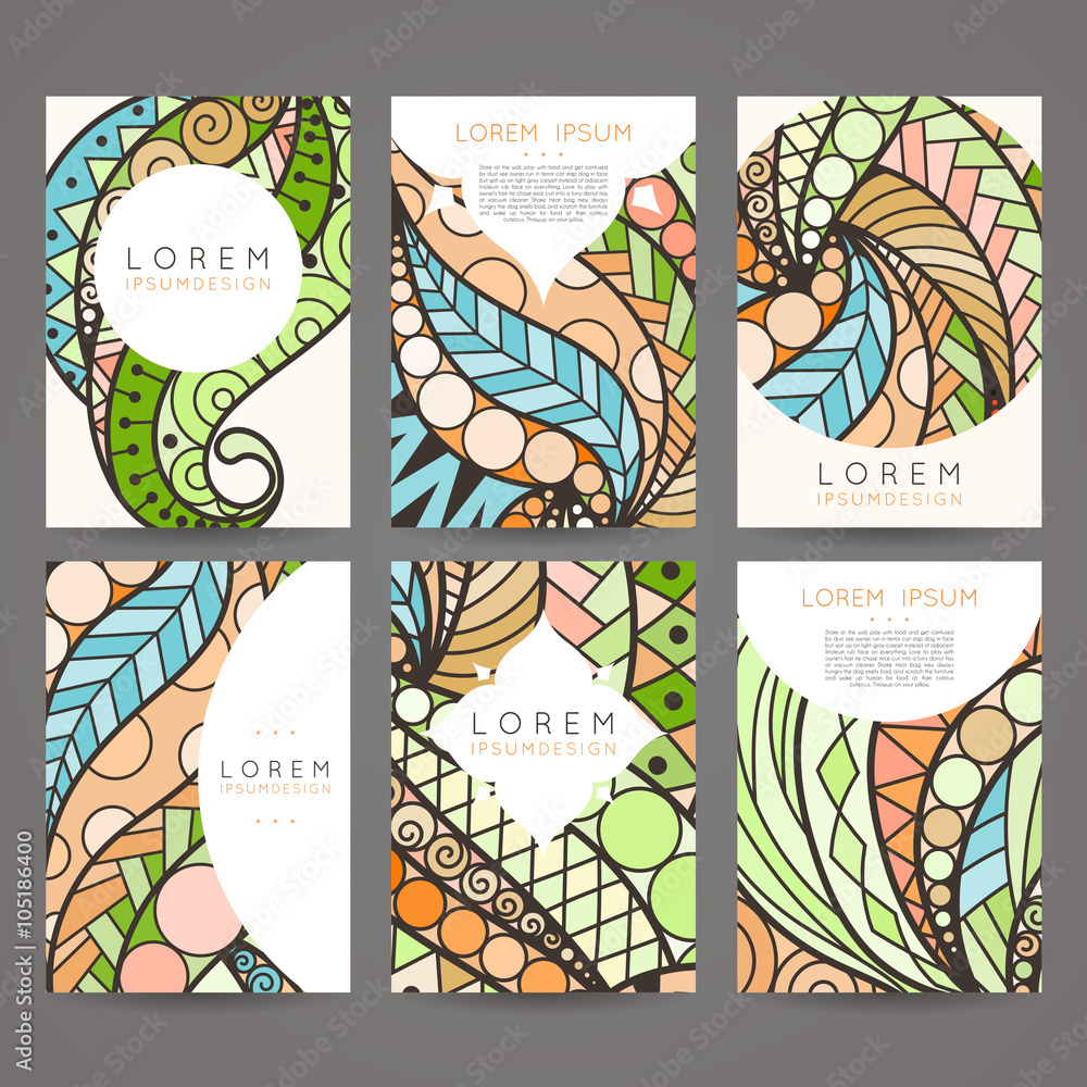 Set of vector design templates. Brochures in random colorful style. Vintage frames and backgrounds. Set of vector design templates. Brochures in random colorful style. Vintage frames and backgrounds.