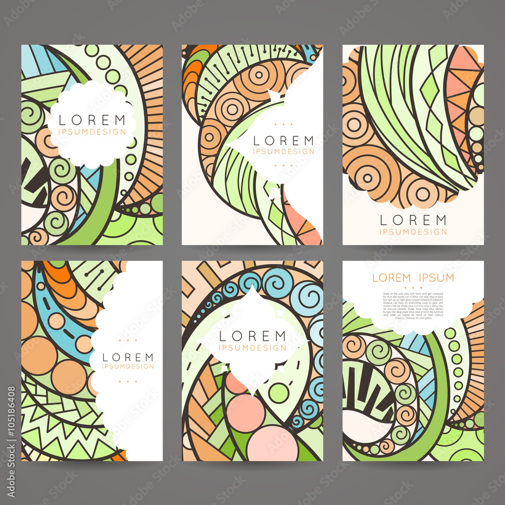 Set of vector design templates. Brochures in random colorful style. Vintage frames and backgrounds. Set of vector design templates. Brochures in random colorful style. Vintage frames and backgrounds.