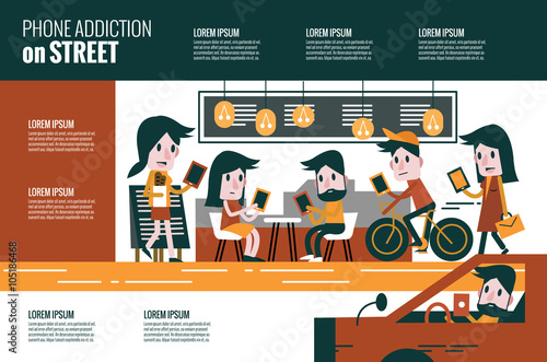 Smartphone addiction on street. flat character and infographic