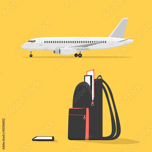 Backpack with electronics on the background of aircraft