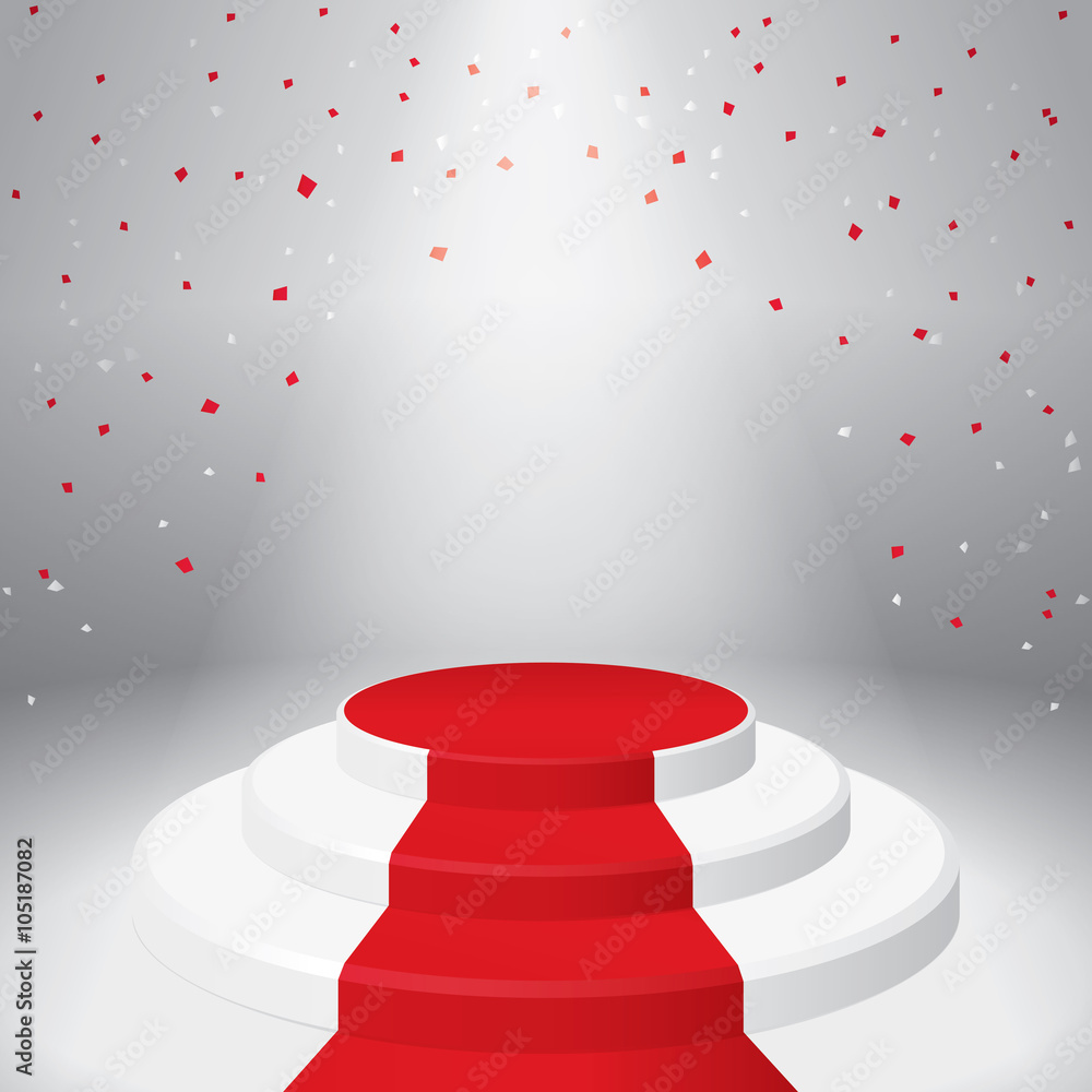 Obraz premium Illuminated stage podium with confetti and red carpet. Vector illustration
