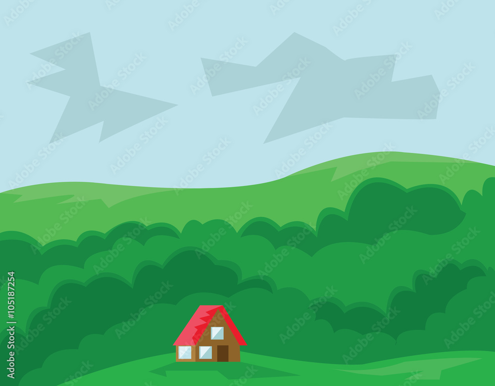 Small House with Red Roof in the Woods. Countryside Top View. Cloudy Sky and Green Hills. Kids Book vector illustration. Digital background.