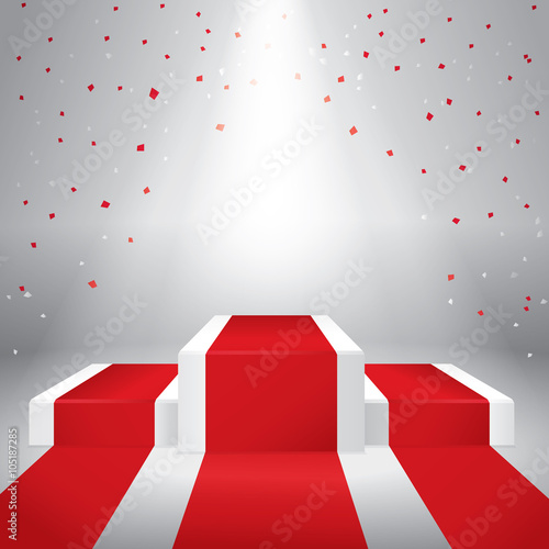 Illuminated stage podium with confetti  and red carpet. Vector illustration