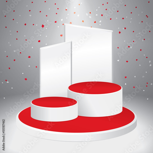 Illuminated stage podium with confetti  and red carpet. Vector illustration