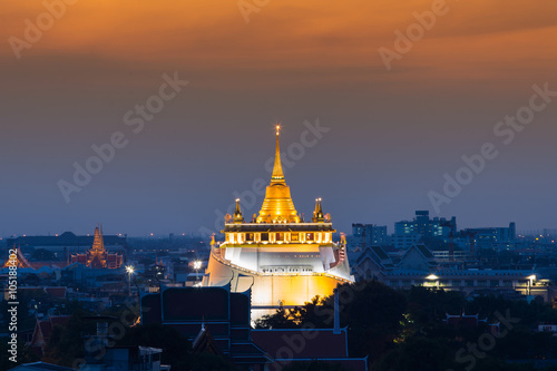 Dramatic sky after sunset over Golden Mount temple, The tourist destination in Bangkok Thailand