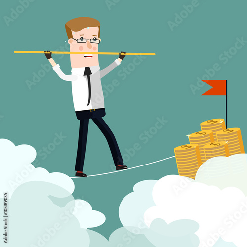  Businessman rope walk dollar sign pole.  Business concept cartoon illustration